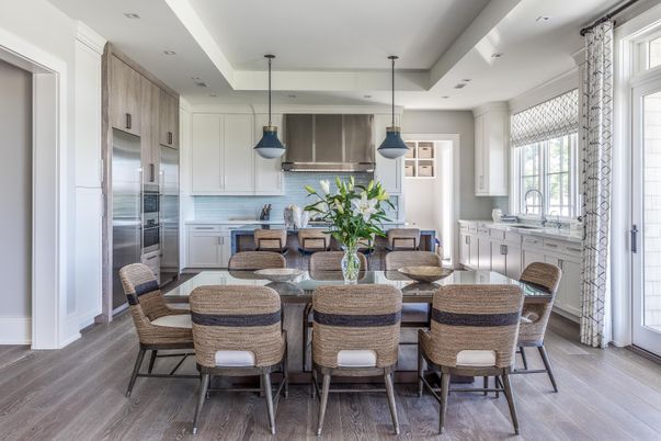 Dining room, Interior, Kitchen, Pendant Lights, Recessed Lighting, Stainless Steel Appliances, Wood Texture Flooring