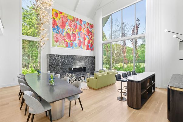 Dining room, Fireplace, Interior, Living room, Wood Texture Flooring