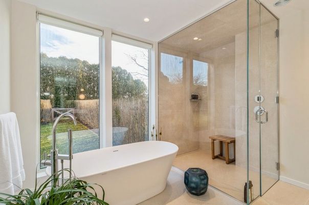 Bathroom, Free Standing Baths, Glass Shower, Interior, Recessed Lighting