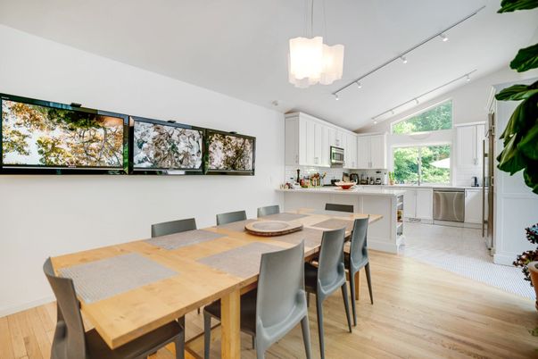 Dining room, Interior, Kitchen, Pendant Lights, Wood Texture Flooring