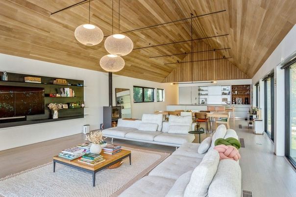 Dining room, Interior, Living room, Pendant Lights, Wooden Ceilings, Wood Texture Flooring