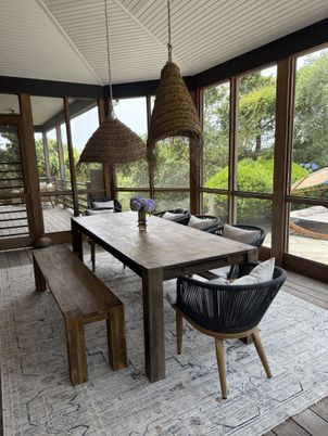 Dining room, Interior, Pendant Lights, Wood Texture Flooring