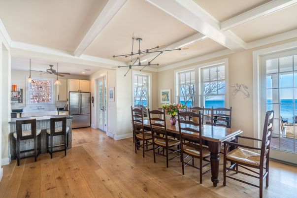 Dining room, Interior, Kitchen, Pendant Lights, Recessed Lighting, Water, Wood Texture Flooring