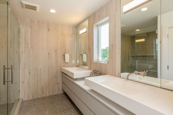Bathroom, Glass Shower, Interior, Recessed Lighting, Wooden Walls