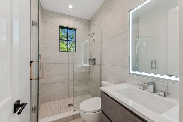 Bathroom, Glass Shower, Interior, Recessed Lighting
