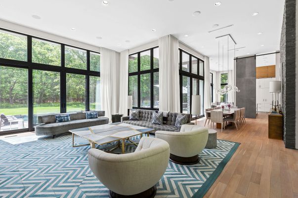 Dining room, Interior, Living room, Pendant Lights, Recessed Lighting, Wood Texture Flooring
