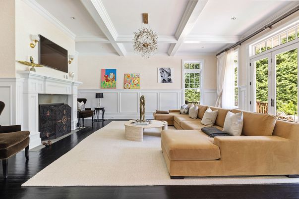 Chandelier, Fireplace, Interior, Living room, Recessed Lighting, Wood Texture Flooring