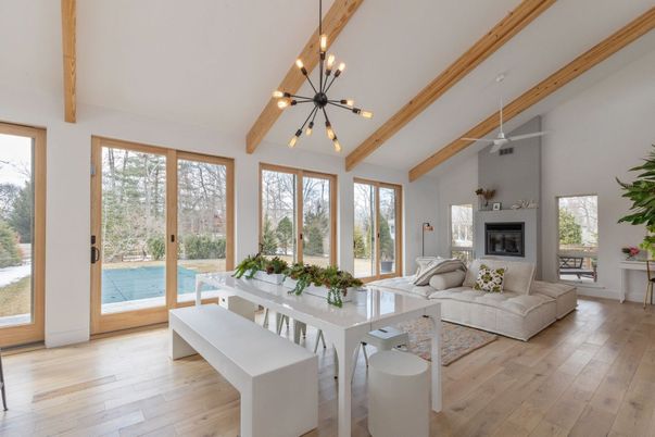 Dining room, Fireplace, Interior, Living room, Pendant Lights, Wooden Beams, Wood Texture Flooring