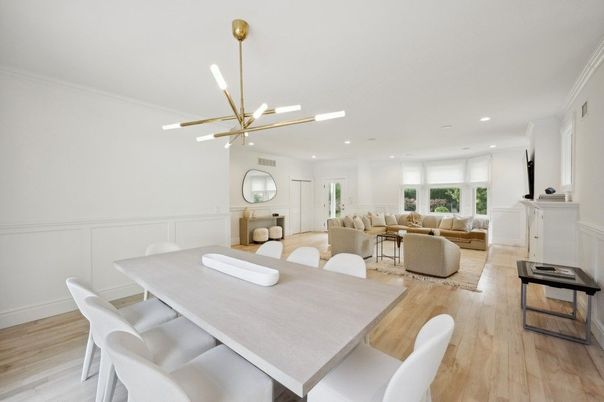 Dining room, Fireplace, Interior, Living room, Pendant Lights, Recessed Lighting, Wood Texture Flooring