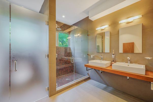 Bathroom, Dual Sink Vanities, Glass Shower, Interior, Recessed Lighting