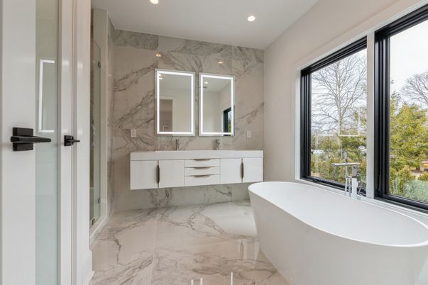 Bathroom, Free Standing Baths, Interior, Marble, Marble Walls, Recessed Lighting