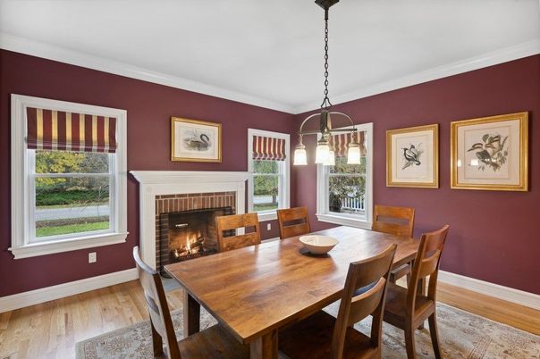 Dining room, Fireplace, Interior, Pendant Lights, Wood Texture Flooring