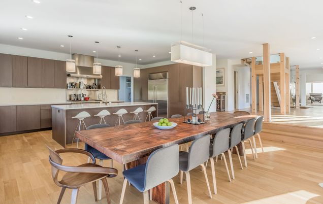 Dining room, Interior, Kitchen, Pendant Lights, Recessed Lighting, Stainless Steel Appliances, Wood Texture Flooring