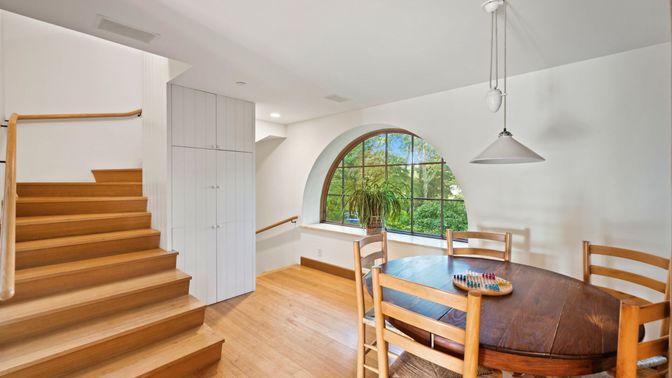 Dining room, Interior, Pendant Lights, Recessed Lighting, Wood Texture Flooring