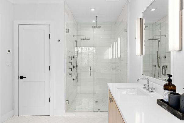 Bathroom, Glass Shower, Interior, Marble, Marble Walls, Recessed Lighting