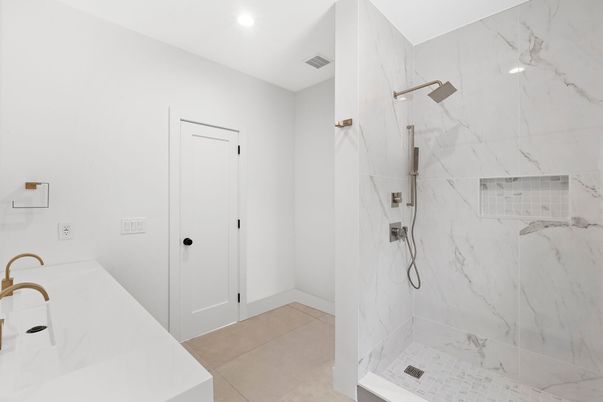 Bathroom, Glass Shower, Interior, Marble Walls, Recessed Lighting