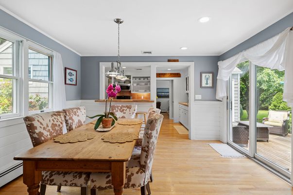 Dining room, Interior, Kitchen, Pendant Lights, Recessed Lighting, Stainless Steel Appliances, Wood Texture Flooring