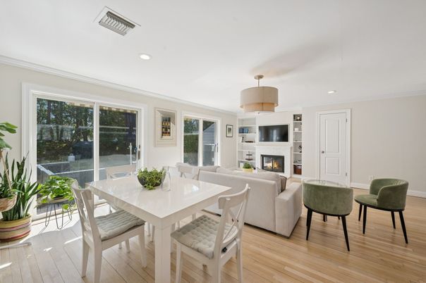 Dining room, Fireplace, Interior, Living room, Pendant Lights, Recessed Lighting, Wood Texture Flooring