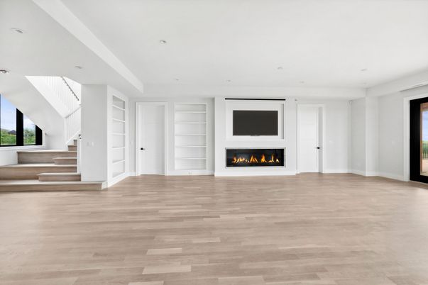 Empty room, Fireplace, Interior, Recessed Lighting, Wood Texture Flooring