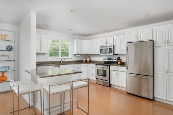 Interior, Kitchen, Recessed Lighting, Stainless Steel Appliances, Wood Texture Flooring