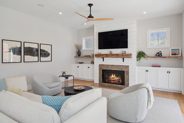 Fireplace, Interior, Living room, Recessed Lighting, Wood Texture Flooring