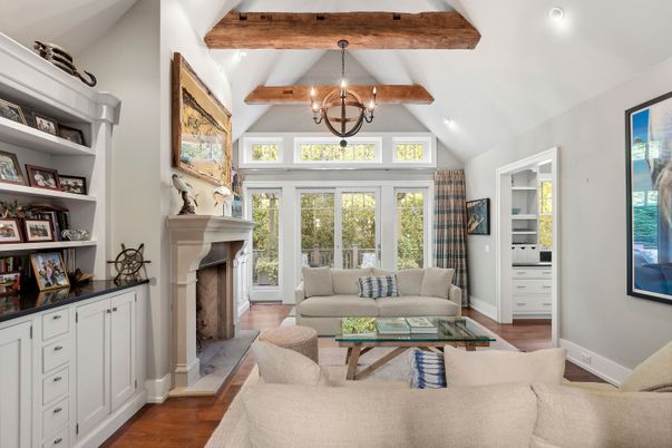 Chandelier, Fireplace, Interior, Living room, Recessed Lighting, Wooden Beams, Wood Texture Flooring
