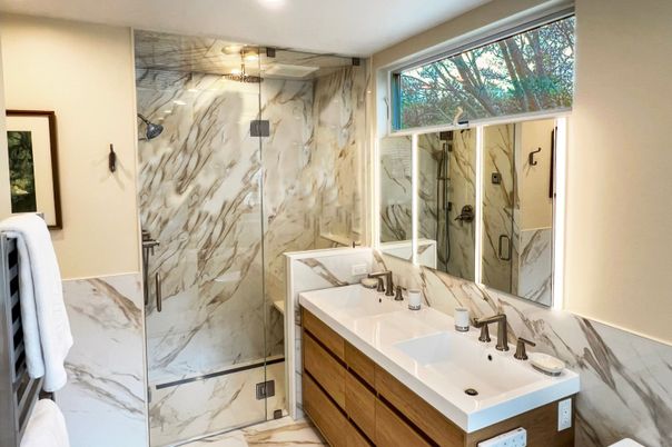 Bathroom, Dual Sink Vanities, Glass Shower, Interior, Marble Walls, Recessed Lighting