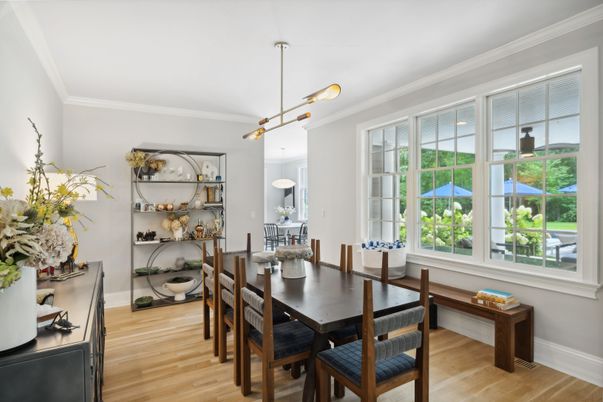 Dining room, Interior, Pendant Lights, Wood Texture Flooring