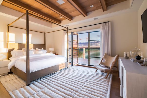 Bedroom, Interior, Recessed Lighting, Water, Wooden Beams, Wooden Ceilings, Wood Texture Flooring