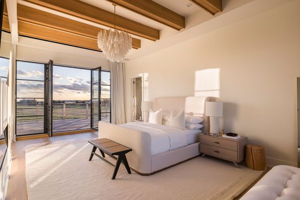 Bedroom, Chandelier, Interior, Water, Wooden Beams, Wood Texture Flooring