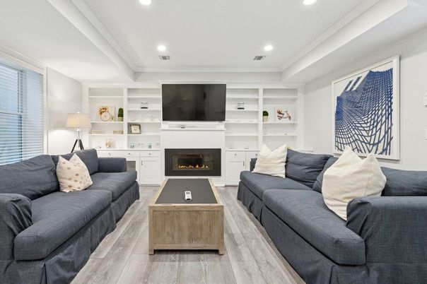 Fireplace, Interior, Living room, Recessed Lighting, Wood Texture Flooring