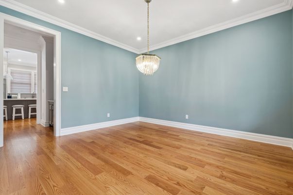 Chandelier, Empty room, Interior, Pendant Lights, Recessed Lighting, Wood Texture Flooring