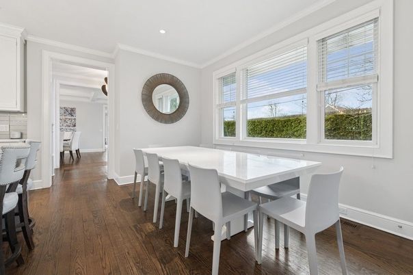 Dining room, Interior, Recessed Lighting, Wood Texture Flooring