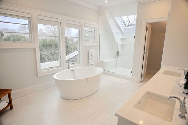 Bathroom, Free Standing Baths, Glass Shower, Interior, Recessed Lighting