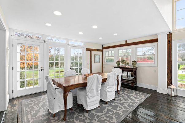 Dining room, Interior, Recessed Lighting, Wood Texture Flooring