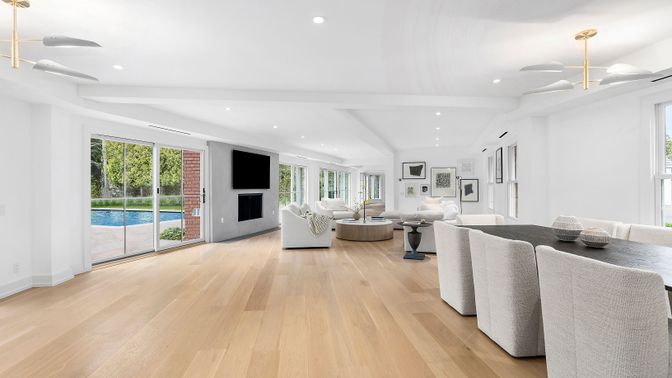 Fireplace, Interior, Living room, Recessed Lighting, Wood Texture Flooring