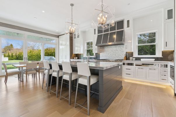 Dining room, Interior, Kitchen, Pendant Lights, Recessed Lighting, Stainless Steel Appliances, Wood Texture Flooring