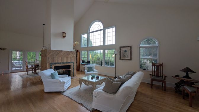 Fireplace, Interior, Living room, Pendant Lights, Wood Texture Flooring