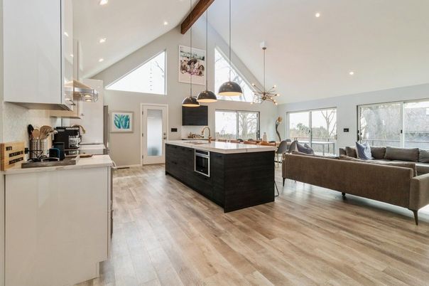 Interior, Kitchen, Living room, Pendant Lights, Recessed Lighting, Wood Texture Flooring
