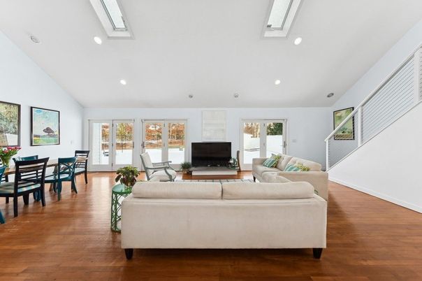 Dining room, Interior, Living room, Recessed Lighting, Wood Texture Flooring