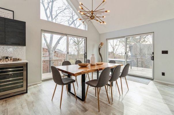Dining room, Interior, Pendant Lights, Wood Texture Flooring