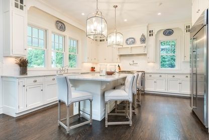 Chandelier, Interior, Kitchen, Pendant Lights, Recessed Lighting, Stainless Steel Appliances, Wood Texture Flooring