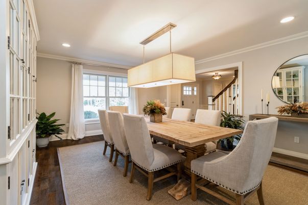 Dining room, Interior, Pendant Lights, Recessed Lighting, Wood Texture Flooring
