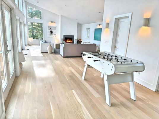 Fireplace, Game Room, Interior, Living room, Recessed Lighting, Wood Texture Flooring
