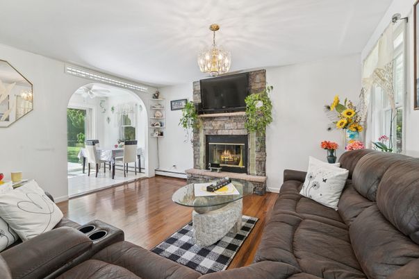 Chandelier, Dining room, Fireplace, Interior, Living room, Wood Texture Flooring