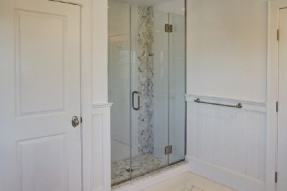 Bathroom, Glass Shower, Interior, Marble Walls, Recessed Lighting