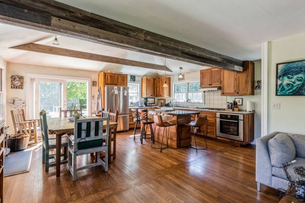 Dining room, Interior, Kitchen, Pendant Lights, Stainless Steel Appliances, Wooden Beams, Wood Texture Flooring