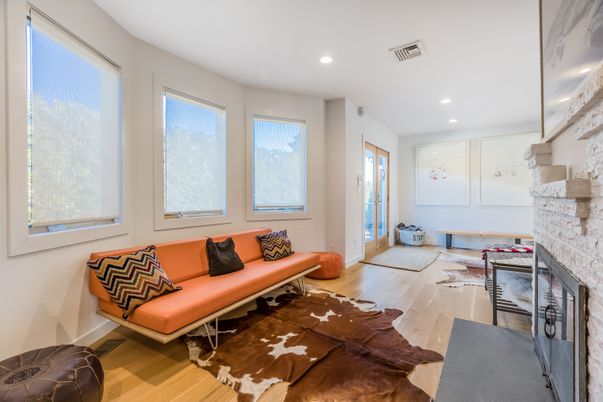 Fireplace, Interior, Living room, Recessed Lighting, Wood Texture Flooring
