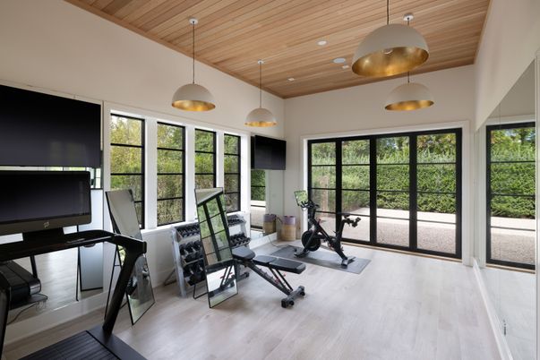 Fitness Equipment, Interior, Pendant Lights, Recessed Lighting, Wooden Ceilings, Wood Texture Flooring