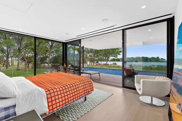 Bedroom, Interior, Recessed Lighting, Water, Wood Texture Flooring